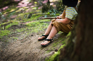 Kids shoes, barefoot in woods
